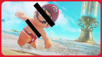 Mario running along a beach in his swimsuit, with black censor bars over his eyes and chest.